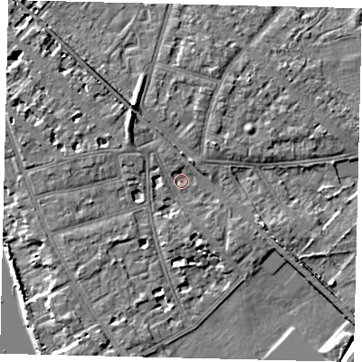 Shaded relief map of the ground around W43SY, computed from Environment Agency LiDAR. The ground here sits at about 5 m above sea level and falls 10 m across the surrounding 800 m. Surface water reaching this point runs off ground lying to the north-north-west, 2.2 m higher.