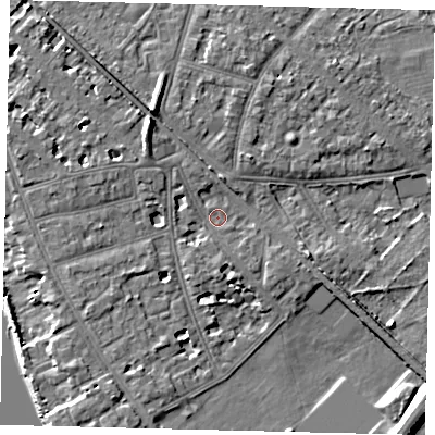 Shaded relief map of the ground around W43SZ, computed from Environment Agency LiDAR. The ground here sits at about 5 m above sea level and falls 10 m across the surrounding 800 m. Surface water reaching this point runs off ground lying to the north-north-west, 6.9 m higher.