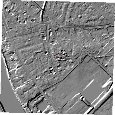 Shaded relief map of the ground around W43TB, computed from Environment Agency LiDAR. The ground here sits at about 5 m above sea level and falls 10 m across the surrounding 800 m. Surface water reaching this point runs off ground lying to the north-north-east, 2.6 m higher.