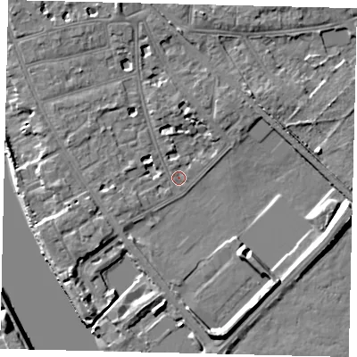 Shaded relief map of the ground around W43TD, computed from Environment Agency LiDAR. The ground here sits at about 5 m above sea level and falls 10 m across the surrounding 800 m. Surface water reaching this point runs off ground lying to the east, 8.5 m higher.