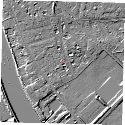 Shaded relief map of the ground around W43TE, computed from Environment Agency LiDAR. The ground here sits at about 6 m above sea level and falls 9 m across the surrounding 800 m. Surface water reaching this point runs off ground lying to the south-west, 1.5 m higher.