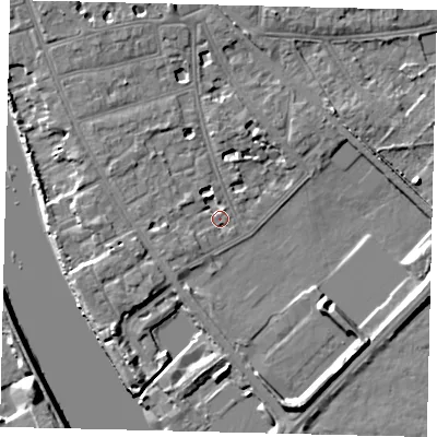 Shaded relief map of the ground around W43TG, computed from Environment Agency LiDAR. The ground here sits at about 5 m above sea level and falls 9 m across the surrounding 800 m. Surface water reaching this point runs off ground lying to the west, 3.1 m higher.