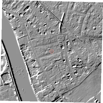 Shaded relief map of the ground around W43TN, computed from Environment Agency LiDAR. The ground here sits at about 6 m above sea level and falls 10 m across the surrounding 800 m. Surface water reaching this point runs off ground lying to the south-west, 1.0 m higher.