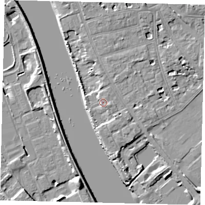 Shaded relief map of the ground around W43TP, computed from Environment Agency LiDAR. The ground here sits at about 7 m above sea level and falls 11 m across the surrounding 800 m. Surface water reaching this point runs off ground lying to the south-east, 2.3 m higher.