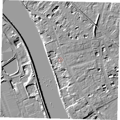 Shaded relief map of the ground around W43TS, computed from Environment Agency LiDAR. The ground here sits at about 6 m above sea level and falls 11 m across the surrounding 800 m. Surface water reaching this point runs off ground lying to the south-south-east, 2.5 m higher.