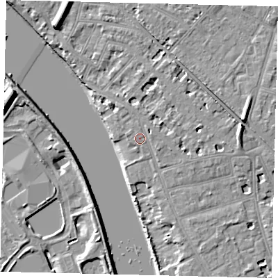 Shaded relief map of the ground around W43TU, computed from Environment Agency LiDAR. The ground here sits at about 6 m above sea level and falls 11 m across the surrounding 800 m. Surface water reaching this point runs off ground lying to the north-east, 1.6 m higher.