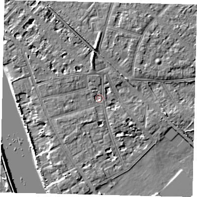 Shaded relief map of the ground around W43TW, computed from Environment Agency LiDAR. The ground here sits at about 4 m above sea level and falls 10 m across the surrounding 800 m. Surface water reaching this point runs off ground lying to the south-west, 2.9 m higher.