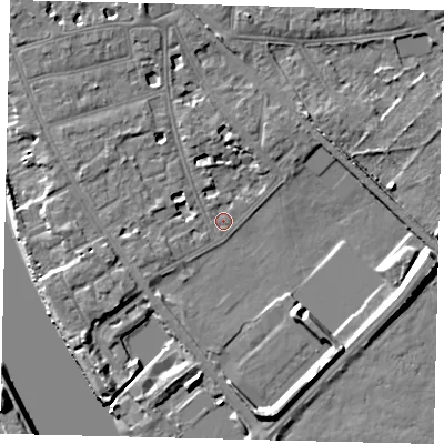 Shaded relief map of the ground around W43UH, computed from Environment Agency LiDAR. The ground here sits at about 5 m above sea level and falls 10 m across the surrounding 800 m. Surface water reaching this point runs off ground lying to the east, 8.5 m higher.