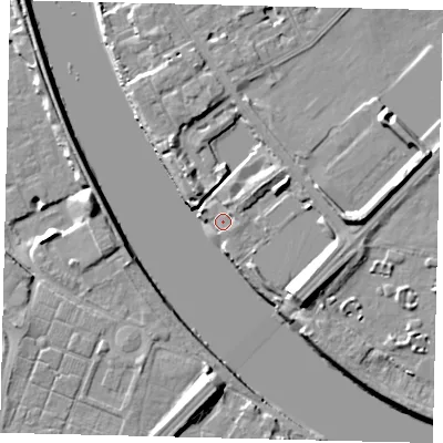 Shaded relief map of the ground around W43UJ, computed from Environment Agency LiDAR. The ground here sits at about 5 m above sea level and falls 10 m across the surrounding 800 m. Surface water reaching this point runs off ground lying to the north-east, 1.9 m higher.
