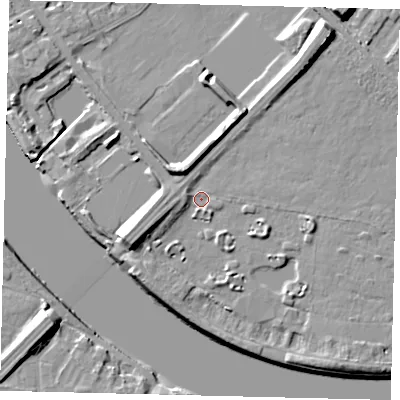 Shaded relief map of the ground around W43UL, computed from Environment Agency LiDAR. The ground here sits at about 6 m above sea level and falls 11 m across the surrounding 800 m. Surface water reaching this point runs off ground lying to the west-south-west, 4.9 m higher.
