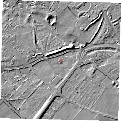 Shaded relief map of the ground around W43UN, computed from Environment Agency LiDAR. The ground here sits at about 4 m above sea level and falls 8 m across the surrounding 800 m. Surface water reaching this point runs off ground lying to the south-south-west, 4.3 m higher.