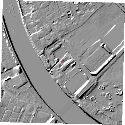 Shaded relief map of the ground around W43UP, computed from Environment Agency LiDAR. The ground here sits at about 5 m above sea level and falls 10 m across the surrounding 800 m. Surface water reaching this point runs off ground lying to the north-north-west, 4.0 m higher.