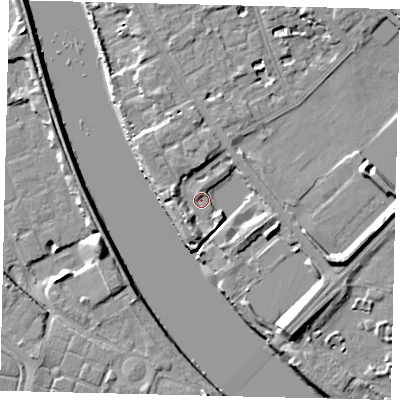Shaded relief map of the ground around W43UR, computed from Environment Agency LiDAR. The ground here sits at about 5 m above sea level and falls 10 m across the surrounding 800 m. Surface water reaching this point runs off ground lying to the north, 3.8 m higher.