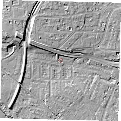 Shaded relief map of the ground around W43XH, computed from Environment Agency LiDAR. The ground here sits at about 5 m above sea level and falls 13 m across the surrounding 800 m. Surface water reaching this point runs off ground lying to the west-north-west, 9.7 m higher.
