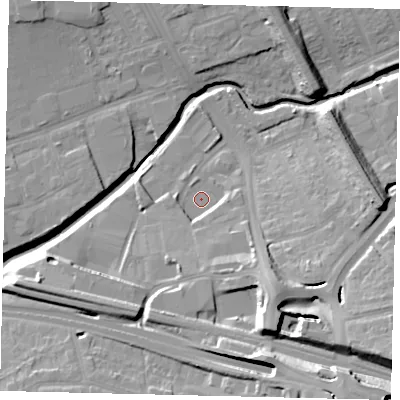 Shaded relief map of the ground around W51DN, computed from Environment Agency LiDAR. The ground here sits at about 23 m above sea level and falls 25 m across the surrounding 800 m. Surface water reaching this point runs off ground lying to the south-south-east, 7.7 m higher.