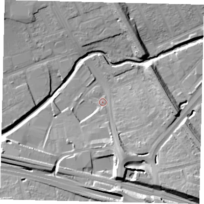 Shaded relief map of the ground around W51DP, computed from Environment Agency LiDAR. The ground here sits at about 23 m above sea level and falls 23 m across the surrounding 800 m. Surface water reaching this point runs off ground lying to the south-south-east, 11.5 m higher.