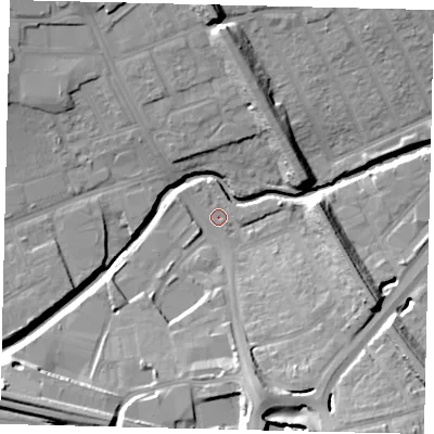 Shaded relief map of the ground around W51DX, computed from Environment Agency LiDAR. The ground here sits at about 21 m above sea level and falls 19 m across the surrounding 800 m. Surface water reaching this point runs off ground lying to the south-south-east, 14.8 m higher.