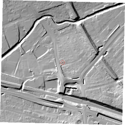 Shaded relief map of the ground around W51DY, computed from Environment Agency LiDAR. The ground here sits at about 28 m above sea level and falls 27 m across the surrounding 800 m. Surface water reaching this point runs off ground lying to the south-east, 11.9 m higher.