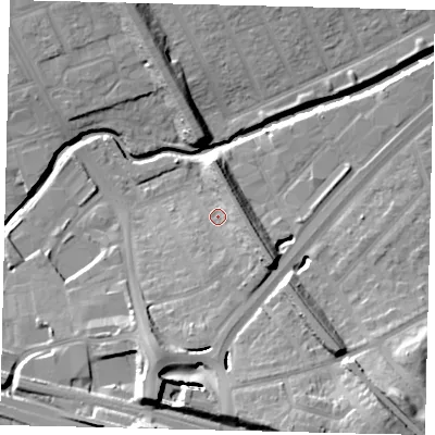Shaded relief map of the ground around W51DZ, computed from Environment Agency LiDAR. The ground here sits at about 24 m above sea level and falls 24 m across the surrounding 800 m. Surface water reaching this point runs off ground lying to the south, 10.0 m higher.