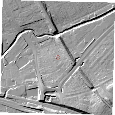 Shaded relief map of the ground around W51EA, computed from Environment Agency LiDAR. The ground here sits at about 26 m above sea level and falls 24 m across the surrounding 800 m. Surface water reaching this point runs off ground lying to the south, 9.1 m higher.