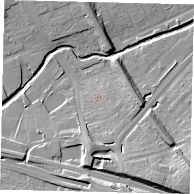 Shaded relief map of the ground around W51ED, computed from Environment Agency LiDAR. The ground here sits at about 26 m above sea level and falls 24 m across the surrounding 800 m. Surface water reaching this point runs off ground lying to the south-south-east, 7.6 m higher.