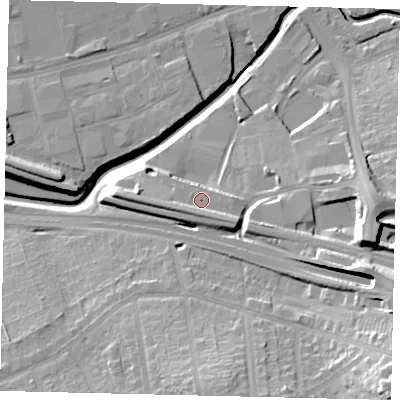 Shaded relief map of the ground around W51UP, computed from Environment Agency LiDAR. The ground here sits at about 28 m above sea level and falls 30 m across the surrounding 800 m. Surface water reaching this point runs off ground lying to the south-south-east, 2.5 m higher.