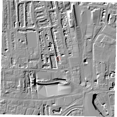 Shaded relief map of the ground around W60AA, computed from Environment Agency LiDAR. The ground here sits at about 3 m above sea level and falls 8 m across the surrounding 800 m. Surface water reaching this point runs off ground lying to the south-west, 7.8 m higher.