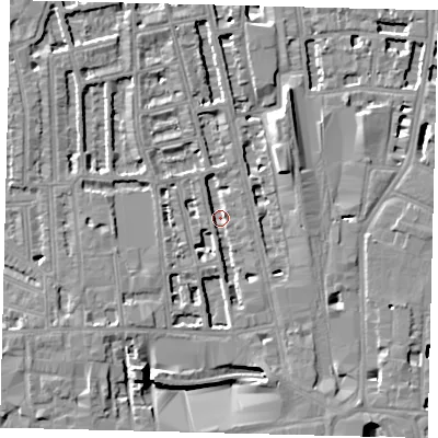 Shaded relief map of the ground around W60AB, computed from Environment Agency LiDAR. The ground here sits at about 2 m above sea level and falls 8 m across the surrounding 800 m. Surface water reaching this point runs off ground lying to the south-east, 3.0 m higher.