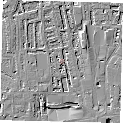 Shaded relief map of the ground around W60AD, computed from Environment Agency LiDAR. The ground here sits at about 4 m above sea level and falls 8 m across the surrounding 800 m. Surface water reaching this point runs off ground lying to the south-east, 3.0 m higher.