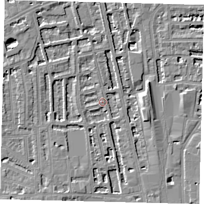 Shaded relief map of the ground around W60AJ, computed from Environment Agency LiDAR. The ground here sits at about 5 m above sea level and falls 8 m across the surrounding 800 m. Surface water reaching this point runs off ground lying to the north, 1.9 m higher.