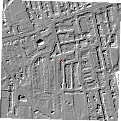 Shaded relief map of the ground around W60BB, computed from Environment Agency LiDAR. The ground here sits at about 5 m above sea level and falls 8 m across the surrounding 800 m. Surface water reaching this point runs off ground lying to the north-north-west, 4.4 m higher.