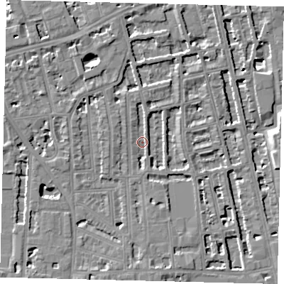 Shaded relief map of the ground around W60BD, computed from Environment Agency LiDAR. The ground here sits at about 4 m above sea level and falls 8 m across the surrounding 800 m. Surface water reaching this point runs off ground lying to the north-north-west, 5.1 m higher.