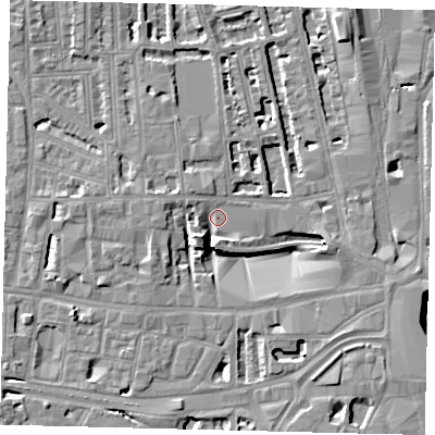 Shaded relief map of the ground around W60BF, computed from Environment Agency LiDAR. The ground here sits at about 4 m above sea level and falls 8 m across the surrounding 800 m. Surface water reaching this point runs off ground lying to the south-west, 7.8 m higher.
