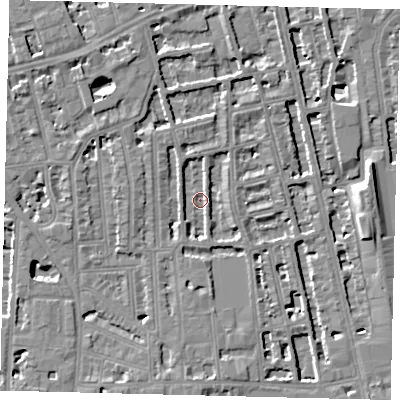 Shaded relief map of the ground around W60BN, computed from Environment Agency LiDAR. The ground here sits at about 3 m above sea level and falls 8 m across the surrounding 800 m. Surface water reaching this point runs off ground lying to the north-north-west, 2.9 m higher.