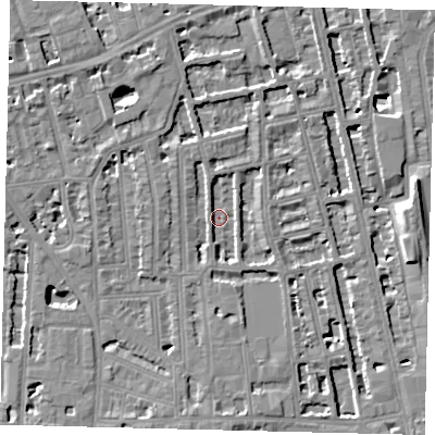 Shaded relief map of the ground around W60BQ, computed from Environment Agency LiDAR. The ground here sits at about 3 m above sea level and falls 8 m across the surrounding 800 m. Surface water reaching this point runs off ground lying to the north-north-west, 5.1 m higher.