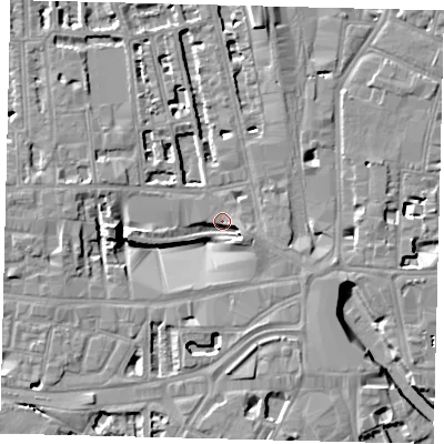 Shaded relief map of the ground around W60BT, computed from Environment Agency LiDAR. The ground here sits at about 4 m above sea level and falls 8 m across the surrounding 800 m. Surface water reaching this point runs off ground lying to the south-east, 6.3 m higher.
