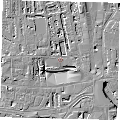 Shaded relief map of the ground around W60BU, computed from Environment Agency LiDAR. The ground here sits at about 4 m above sea level and falls 8 m across the surrounding 800 m. Surface water reaching this point runs off ground lying to the west-south-west, 7.8 m higher.