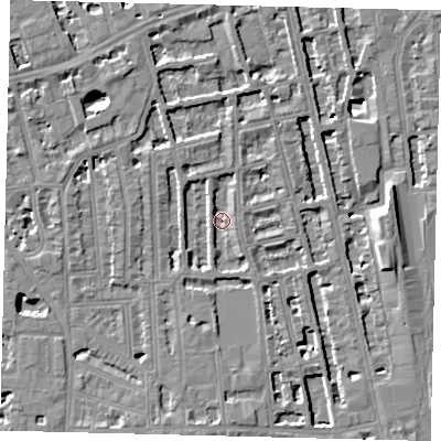 Shaded relief map of the ground around W60BW, computed from Environment Agency LiDAR. The ground here sits at about 3 m above sea level and falls 8 m across the surrounding 800 m. Surface water reaching this point runs off ground lying to the north-west, 2.9 m higher.