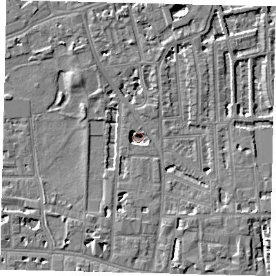 Shaded relief map of the ground around W60BY, computed from Environment Agency LiDAR. The ground here sits at about 1 m above sea level and falls 7 m across the surrounding 800 m. Surface water reaching this point runs off ground lying to the south-south-west, 4.4 m higher.