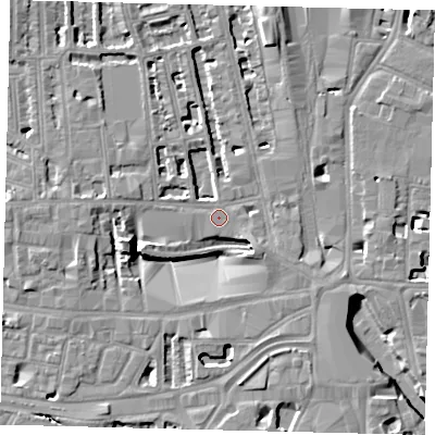 Shaded relief map of the ground around W60BZ, computed from Environment Agency LiDAR. The ground here sits at about 4 m above sea level and falls 8 m across the surrounding 800 m. Surface water reaching this point runs off ground lying to the south-east, 6.5 m higher.