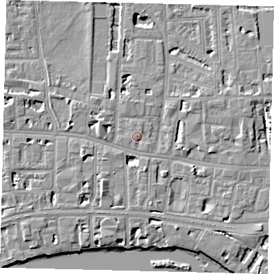 Shaded relief map of the ground around W60DB, computed from Environment Agency LiDAR. The ground here sits at about 5 m above sea level and falls 7 m across the surrounding 800 m. Surface water reaching this point runs off ground lying to the south-west, 0.9 m higher.