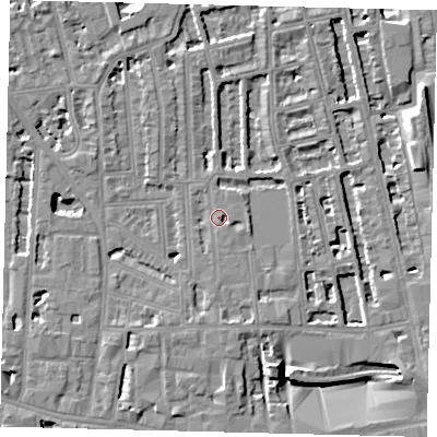 Shaded relief map of the ground around W60DE, computed from Environment Agency LiDAR. The ground here sits at about 5 m above sea level and falls 8 m across the surrounding 800 m. Surface water reaching this point runs off ground lying to the south, 1.4 m higher.