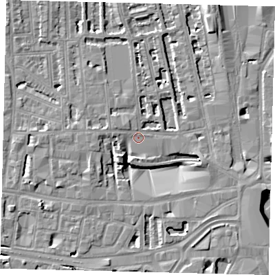 Shaded relief map of the ground around W60DG, computed from Environment Agency LiDAR. The ground here sits at about 4 m above sea level and falls 8 m across the surrounding 800 m. Surface water reaching this point runs off ground lying to the south-west, 7.8 m higher.