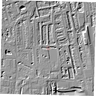 Shaded relief map of the ground around W60DH, computed from Environment Agency LiDAR. The ground here sits at about 3 m above sea level and falls 8 m across the surrounding 800 m. Surface water reaching this point runs off ground lying to the south, 2.1 m higher.