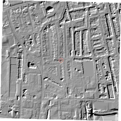 Shaded relief map of the ground around W60DL, computed from Environment Agency LiDAR. The ground here sits at about 4 m above sea level and falls 8 m across the surrounding 800 m. Surface water reaching this point runs off ground lying to the west-north-west, 5.3 m higher.