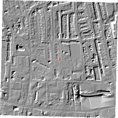 Shaded relief map of the ground around W60DN, computed from Environment Agency LiDAR. The ground here sits at about 5 m above sea level and falls 8 m across the surrounding 800 m. Surface water reaching this point runs off ground lying to the south, 1.0 m higher.