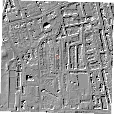 Shaded relief map of the ground around W60DP, computed from Environment Agency LiDAR. The ground here sits at about 5 m above sea level and falls 6 m across the surrounding 800 m. Surface water reaching this point runs off ground lying to the north, 3.9 m higher.