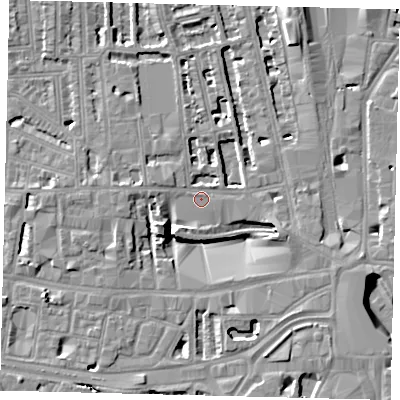 Shaded relief map of the ground around W60DQ, computed from Environment Agency LiDAR. The ground here sits at about 4 m above sea level and falls 8 m across the surrounding 800 m. Surface water reaching this point runs off ground lying to the west-south-west, 7.8 m higher.
