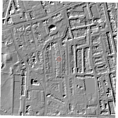 Shaded relief map of the ground around W60DR, computed from Environment Agency LiDAR. The ground here sits at about 5 m above sea level and falls 6 m across the surrounding 800 m. The ground contributing surface water to this point lies to the south-east.