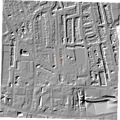 Shaded relief map of the ground around W60DT, computed from Environment Agency LiDAR. The ground here sits at about 4 m above sea level and falls 8 m across the surrounding 800 m. Surface water reaching this point runs off ground lying to the south-south-west, 4.1 m higher.
